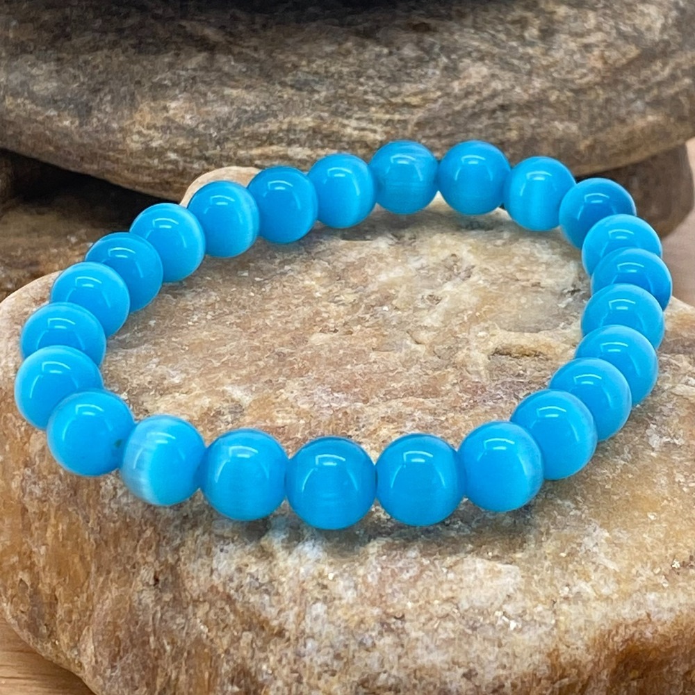 Teal Blue Beaded Stretch Cord Bracelet Natural Stone Round Adjustable